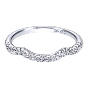 Gabriel & Co. WB10298W44JJ 14 karat white gold Victorian wedding band, front view of the contour curve dipping at the center, shared prong rounds following it