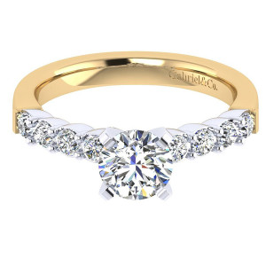 Gabriel & Co. ER7846M44JJ two-tone 14 karat gold Contemporary engagement ring, front view of the round center above a scalloped row of shared prong round stones