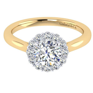 Gabriel & Co. ER7498M44JJ two-tone 14 karat gold Contemporary engagement ring, top view of the round center ringed by a single row of large halo stones
