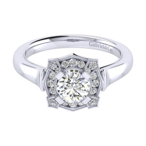 Gabriel & Co. ER009B3ADW44JJ 14 karat white gold Perfect Match engagement ring, top view of the round center inside a pointed star shaped plate paved with small rounds