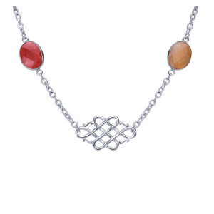 Gabriel & Co. NK4285ETSVJMM sterling silver Roaring 20's Diamond Station necklace, front view of the openwork knot center flanked by bezel-set red