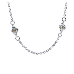 Gabriel & Co. NK2886MYJJJ two-tone sterling silver and 18 karat gold Roaring 20's Diamond Station necklace, close view of the textured cable links