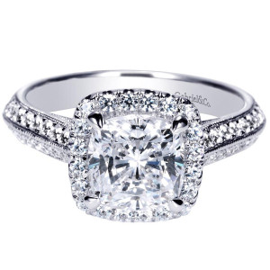 Gabriel & Co. ER8872W44JJ 14 karat white gold Victorian engagement ring, front view of the cushion center framed by a square cornered halo above pave shoulders