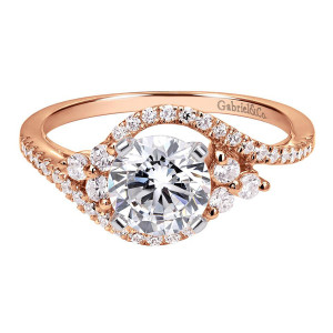 Gabriel & Co. ER5330T44JJ two-tone 14 karat gold Contemporary engagement ring, top view down slim pave arms crossing beneath a curved halo sweep at the center