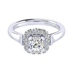 Gabriel & Co. ER009B3AJW44JJ 14 karat white gold Perfect Match engagement ring, top view of the cushion center ringed by prong set halo stones on tapered shoulders