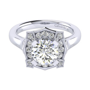 Gabriel & Co. ER009C8ADW44JJ 14 karat white gold Perfect Match engagement ring, top view of a round center inside a pointed star outline with milgrain traced petals