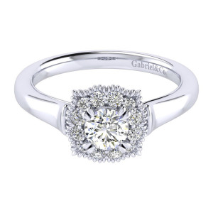 Gabriel & Co. ER009A2ACW44JJ 14 karat white gold Perfect Match engagement ring, top view of a round center inside a cushion outline halo with beaded rope rim