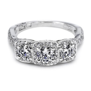 Simply Tacori platinum three-stone engagement ring with milgrain and pave-set shoulders