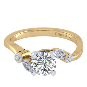 Gabriel & Co. ER8131M44JJ two-tone 14 karat gold Victorian engagement ring, top view of the bypass swirl, milgrain rimmed accents and marquise shaped leaf clusters