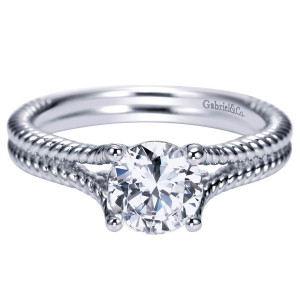Gabriel & Co. ER8692W4JJJ 14 karat white gold Contemporary engagement ring, angled view down the twisted rope shank to where the rails split at the shoulders