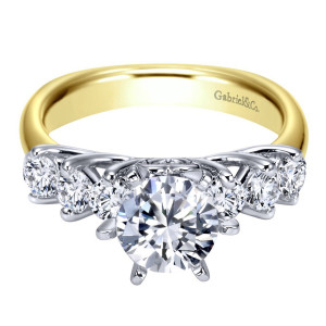 Gabriel & Co. ER3956M44JJ two-tone 14 karat gold Contemporary engagement ring, front view of a six prong center flanked by three large round stones each side