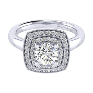 Gabriel & Co. ER009B4AGW44JJ 14 karat white gold Perfect Match engagement ring, front view of the round center within a squared double halo edged in milgrain