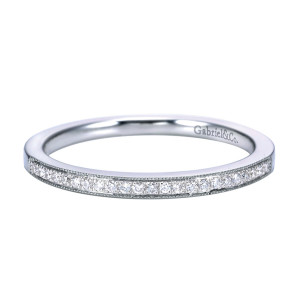 Gabriel & Co. WB7766W44JJ 14 karat white gold Victorian wedding band, front view of small rounds bead set in a milgrain framed channel along the top