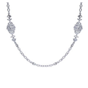Gabriel & Co. NK3532SVJJJ sterling silver Roaring 20's Diamond Station necklace, front view of the textured cable chain with ornate filigree stations and fan links