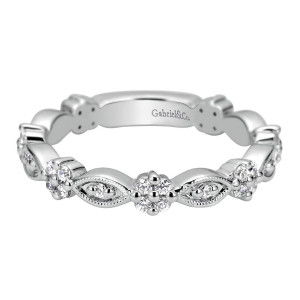 Gabriel & Co. WB5651W44JJ 14 karat white gold Victorian wedding band, front view of floral clusters alternating with milgrain marquise sections holding small bead set stones