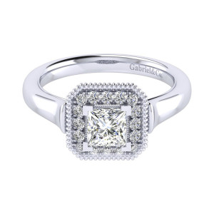 Gabriel & Co. ER009B3ALW44JJ 14 karat white gold Perfect Match engagement ring, top view of the princess center squared by a halo with beaded outer rim