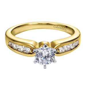 Gabriel & Co. ER2294M44JJ two-tone 14 karat gold Contemporary engagement ring, front view of the center dipping into a notch where both channel rows meet