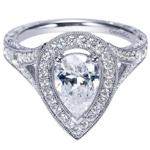 Gabriel & Co. ER8813W44JJ 14 karat white gold Victorian engagement ring, angled view of the pear center inside a broad milgrain rimmed halo above split shoulders