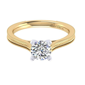 Gabriel & Co. ER7222M4JJJ two-tone 14 karat gold Victorian engagement ring, front view of the round center in four prongs above engraved wheat patterned shoulders