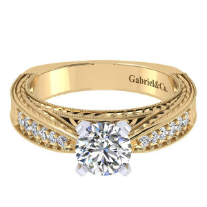 Gabriel & Co. ER4177M44JJ two-tone 14 karat gold Victorian engagement ring, top view of the wide face, milgrain framed engraved rail above one bead set row