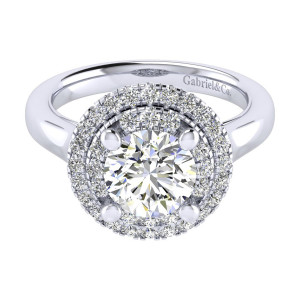 Gabriel & Co. ER009C8AIW44JJ 14 karat white gold Perfect Match engagement ring, top view of the round center ringed by two concentric pave rows over a smooth shank