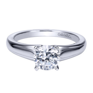Gabriel & Co. ER8075PTJJJ platinum Contemporary engagement ring, front view of the round center held low on a domed shank with grooved shoulders
