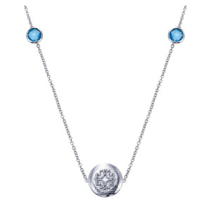 Gabriel & Co. NK3467SVJBT sterling silver Roaring 20's Diamond Station necklace, front view of the brushed round disc with applied scrollwork