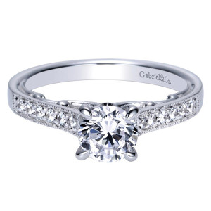 Gabriel & Co. ER8594W44JJ 14 karat white gold Victorian engagement ring, front view of the round center set in four prongs above bead set tapering shoulders