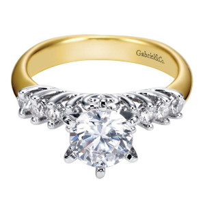 Gabriel & Co. ER3959M44JJ two-tone 14 karat gold Contemporary engagement ring, front view of the six prong center with a tiara like row of graduated side stones