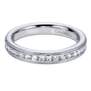 Gabriel & Co. WB5955W44JJ 14 karat white gold Victorian wedding band, front view of a straight channel of rounds between milgrain rails under a plain rim
