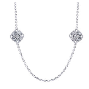 Gabriel & Co. NK3213SV5JJ sterling silver Roaring 20's Diamond Station necklace, close view of the cable chain with two openwork stations set with small stones