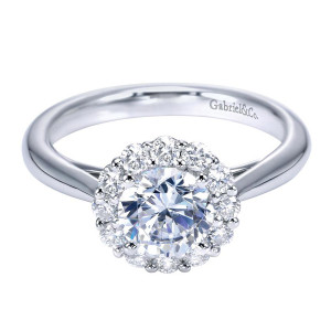 Gabriel & Co. ER7721W44JJ 14 karat white gold Contemporary engagement ring, top view of the round center inside a single halo of large shared prong stones