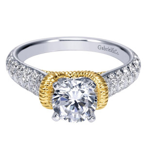 Gabriel & Co. ER9533M44JJ two-tone 14 karat gold Contemporary engagement ring, angled view of the round center hugged by a rope twisted collar above multi row pave shoulders