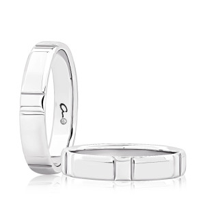 A.JAFFE GR1049 14 Karat wedding ring, men's wedding band, angled and upright pair in white metal with grooved segments and interior stone