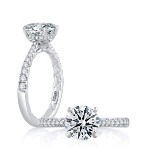 A.JAFFE ME2260Q/330 14 Karat engagement ring, white gold engagement ring profile view with a top view alongside