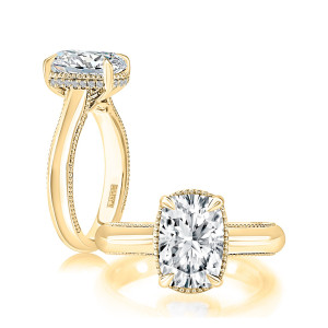 A.JAFFE MECCU3975/312EL 14 Karat engagement ring, yellow gold elongated cushion engagement ring, angled and top views together