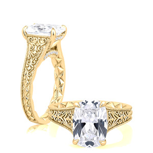 A.JAFFE MECCU4396Q/411EL 14 Karat engagement ring, a.JAFFE cushion engagement ring, yellow gold, angled view showing scrollwork shoulders and quilted interior