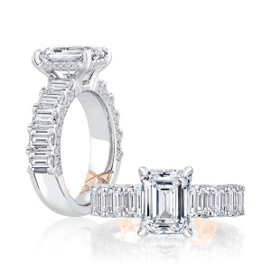 A.JAFFE MECEC2911Q/606 14 Karat engagement ring, white gold emerald cut semi mount, angled and lying views of the step cut accent band