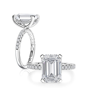 A.JAFFE MECEC2983Q/440 14 Karat engagement ring, white gold emerald cut engagement ring, angled and top views together