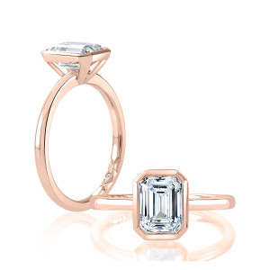 A.JAFFE MECEC3006L/200B 14 Karat engagement ring, rose gold emerald cut bezel solitaire, angled and top down views shown together