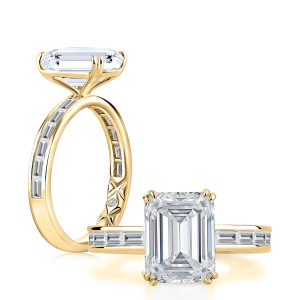 A.JAFFE MECEC3669L/301 14 Karat engagement ring, yellow gold emerald cut engagement ring, angled and top views together