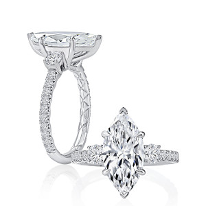 A.JAFFE MECMQ3563Q/375 14 Karat engagement ring, white gold three stone marquise semi-mount, angled and top down views shown together
