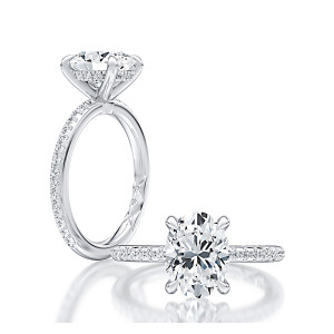 A.JAFFE MECOV2567/278 14 Karat engagement ring, white gold oval pave engagement ring, profile and top pair view