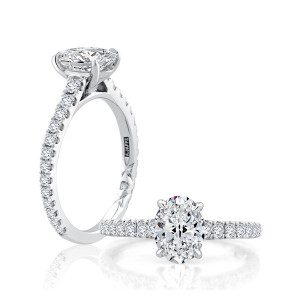 A.JAFFE MECOV2728/195 14 Karat engagement ring, a.JAFFE oval engagement ring, white gold, angled view showing the pave band and interior mark