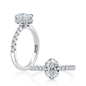 A.JAFFE MECOV2739/247 14 Karat engagement ring, white gold oval engagement ring, standing profile paired with top down view of the band