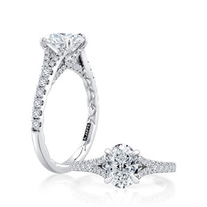 A.JAFFE MECOV2776Q/174 14 Karat engagement ring, white gold oval split shank semi mount, angled and lying views with quilted interior