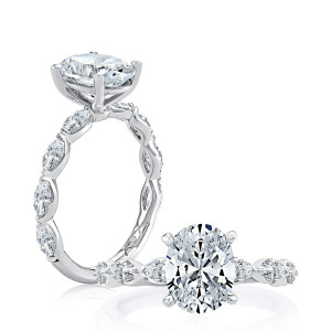 A.JAFFE MECOV2851/230B 14 Karat engagement ring, a.JAFFE white gold oval ring with marquise band, profile and top view