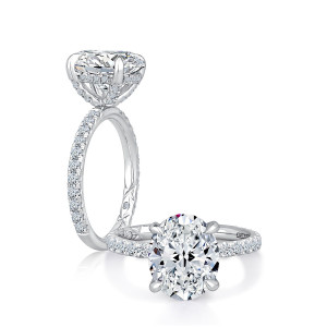 A.JAFFE MECOV3026L/471B 14 Karat engagement ring, white gold four prong oval pave engagement ring, angled and top views together
