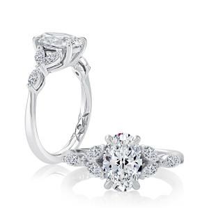 A.JAFFE MECOV3033LB/210 14 Karat engagement ring, a.JAFFE floral oval engagement ring, white gold, angled view showing the quilted shank interior