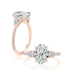 A.JAFFE MECOV3098T/271B 14 Karat engagement ring, rose gold three stone oval ring, angled and top view with east west pears